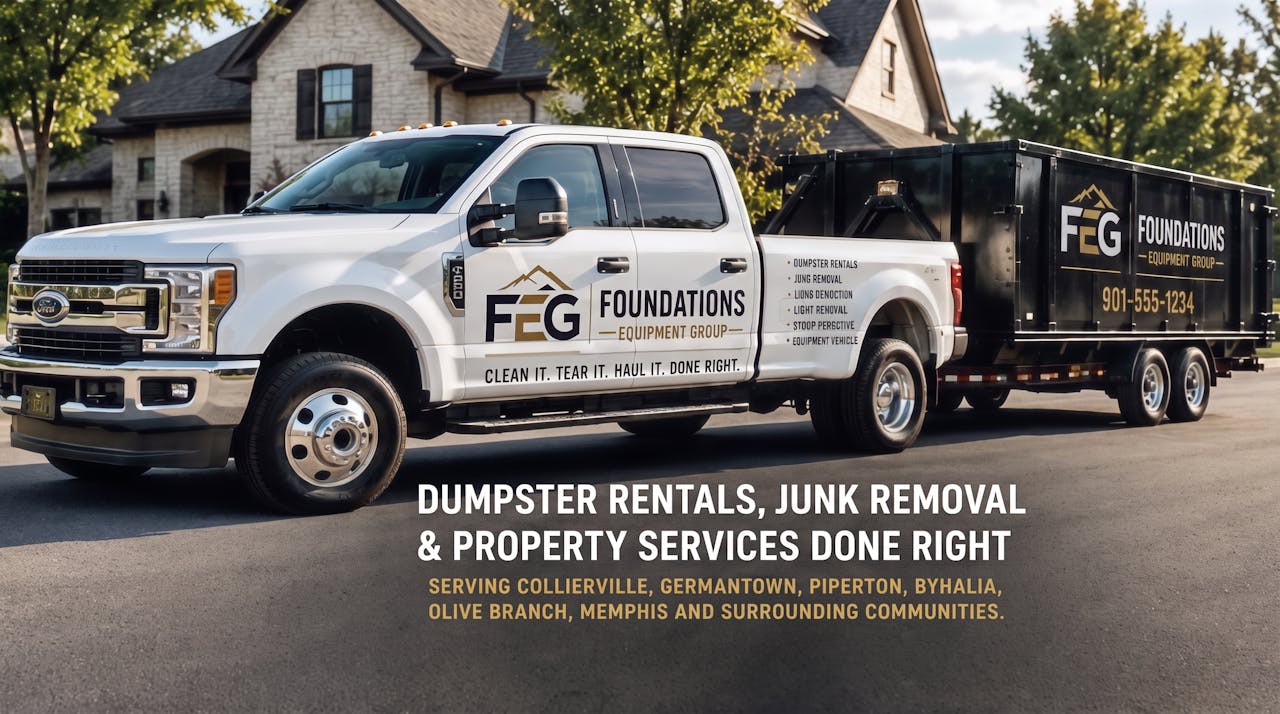 FEG roll-off dumpster trailer and truck on a residential job site